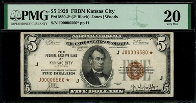 1929 $5 Federal Reserve Bank Note Kansas City - Star Note - FR.1850-J* - PMG 20 - Image 1 of 2
