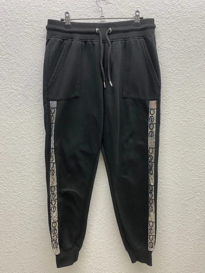 Bebe Womens Black Sweatpants Joggers Sequined Elastic Waist Pull On Size L - Image 1 of 4