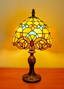 14" Tiffany Table Lamps Leadlight Stained Glass Crystal Bead Crown Style - Picture 1 of 6