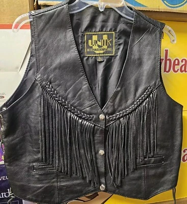 Chaleco con flecos de cuero negro para mujer nuevo sin etiquetas UNIK International Foto 1 de 4