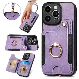 For iPhone 16e 16 Pro Max 15 14 13 Shockproof Ring Holder Card Wallet Case+Strap - Picture 1 of 16