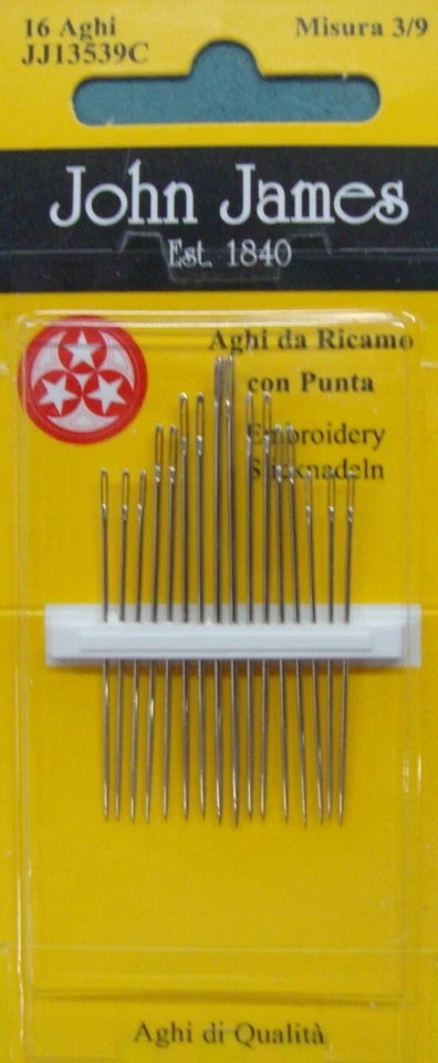 AGHI AGO CUCIRE A MANO DA RICAMO PUNTA  JOHN JAMES MISURA 3/9  (16 AGHI)  1 CONF - Immagine 1 di 1