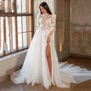 Luxury Boho Tulle Wedding Dresses A Line Long Sleeves Sweep Train Bridal Gowns - Picture 1 of 8