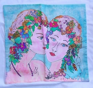 Jugendstil Batik(?) Kissenhülle Bezug Rechteckig 16,5" x 17,5" Blumenmuster Gesichter - Bild 1 von 5
