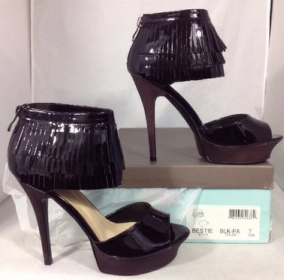 NUEVO NYLA Zapatos de Tacones Altos Talla 7 Cuero Negro Brillante Flecos Tobillo Cremallera Plataforma Foto 1 de 4