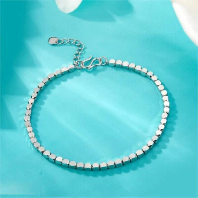 Fino Pt950 Real Platinum 950 para mujer 3 mm pequeño cuadrado con cuentas eslabón de 6 a 7 pulgadas L Foto 1 de 4