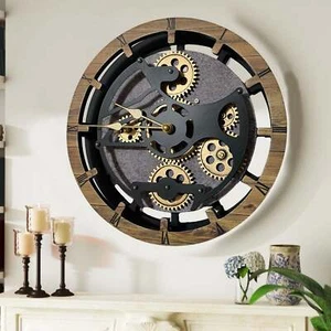 The Gears Clock CANADA LINE MANTEL CLOCK ROUND (HYBRID WALL) 16 IN WOOD & STONE - Picture 1 of 12