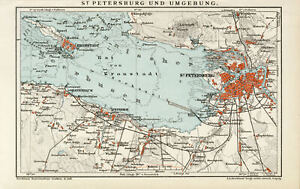 St Petersburg & Umgebung historischer Stadtplan alte Karte Lithographie ca. 1892