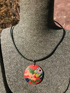 Handmade crafted floral multicolour polymer clay diamante round pendant necklace - Picture 1 of 7
