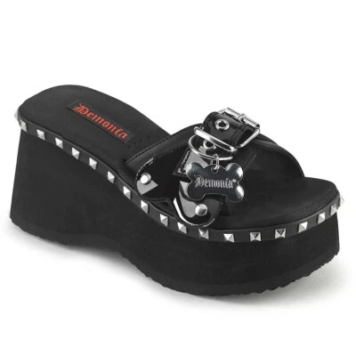 Black Chunky Platform Studs Flip Flops Sandals Slides Punk Gothic Shoes Demonia - Image 1 of 2