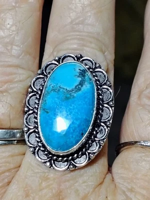 Anillo de Plata de Ley 925 Ovalado Azul Turquesa Cabujón De Colección Boho Suroeste Talla 7 Foto 1 de 4