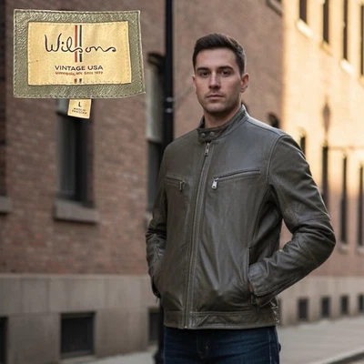 WILSON'S VINTAGE USA Men's Genuine Leather Moto Racer Biker Jacket L Olive - Image 1 of 4