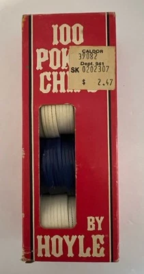 Vtg Hoyle 100 Count Plastic Poker Chips in Box White, Red & Blue Colors-Caldor - Image 1 of 4