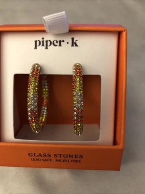 Piper K Gold Tone C Hoop Earrings Candy Corn Glass Crystal Accents NIB - Image 1 of 4