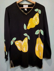 Quacker Factory Novelty Pear Black Yellow V Neck Tunic Sweater Sz S Artsy - Picture 1 of 7