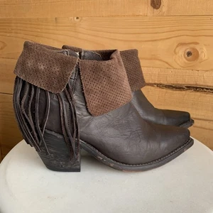 Justin Ankle Boots Reba 8B Women Brown Leather Fringe Cowboy Cuff Western - Picture 1 of 8