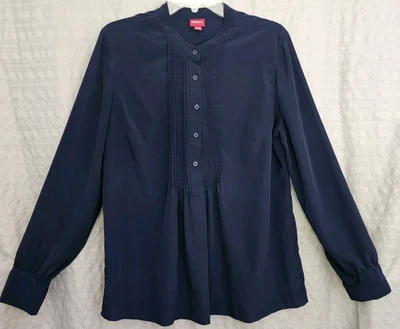Merona Shirt Women's Extra Large Blue Navy Long Sleeve Button Pleated Top Blouse - Image 1 of 4