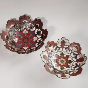 Juego de 2 fruteros vintage de latón esmaltado ornamentado pintado a mano multicolor - Imagen 1 de 11