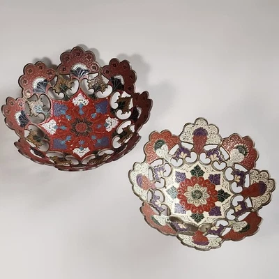 Vintage Ornate Enamel Brass Handpainted Muliticolor Fruit Bowl Set of 2 - Image 1 of 4