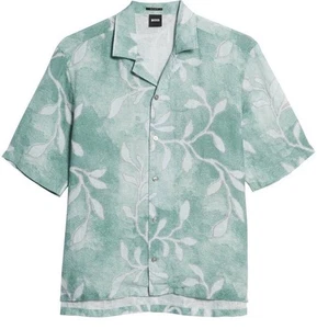 Hugo BOSS Tropical Leaf Print Mens Short Sleeve Button Up Shirt 100% Linen NWT - Picture 1 of 14