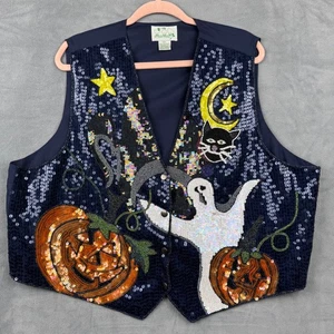 The Quacker Factory Halloween Vest 2X Sequin Pumpkin Ghost Black Cat Moon Stars - Picture 1 of 7