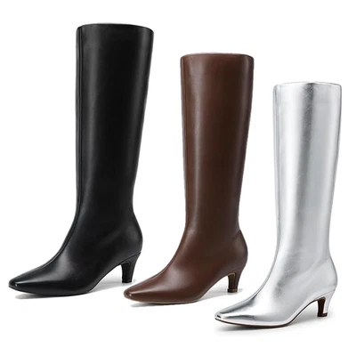 Women Fashion Wide Calf Boots 2Inch Kitten Heel Square Toe Knee High Boots - Image 1 of 4
