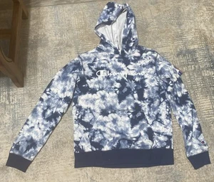 Champion NAVY CRUSH DYE Boys French Terry Script Logo Hoodie Size XL Blue NEW - Picture 1 of 3