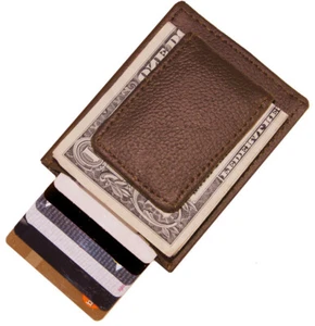 Brown Leather Magnetic Money Clip Credit Card Card Holder Wallet - Picture 1 of 11
