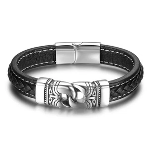 Beliebtes Edelstahl Armband Echt Leder Armbänder Schmuck Geschenk Junge Herren - Bild 1 von 5