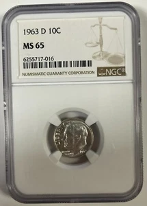 1963 D Roosevelt Dime NGC MS65 - Picture 1 of 4