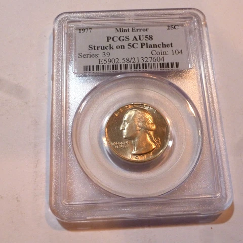 1977 QUARTER STRUCK ON 5 CENT PLANCHET PCGS AU58 MINT ERROR Cover