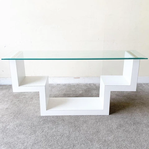 1980s Postmodern White Faux Leather Laminate Glass Top Console Table Cover