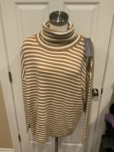French Connection hellbraun & weiß gestreifter Rippstrick Rollkragen Pullover, Gr. XL, neu mit Etikett! - Bild 1 von 7