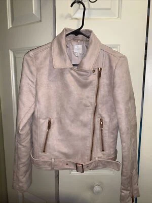 Chaqueta de moto Lauren Conrad Runway imitación gamuza tostada con herrajes de oro rosa talla 4 Foto 1 de 4