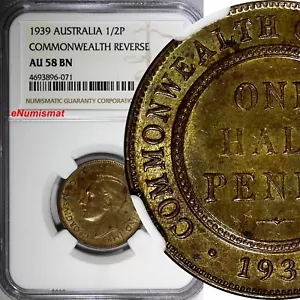 Australia George VI Silver 1939 1/2 Penny NGC AU58 BN COMMONWEALTH KM# 35 (071) - Picture 1 of 4