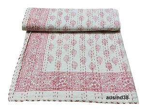 Indian Cotton Hand Block Print Kantha Bedspread handmade Quilt Throw Blanket - Picture 1 of 4