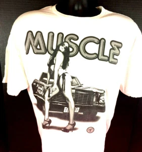 TWO IN THE SHIRT Men's Size XL White T-Shirt Muscle Car Bikini Pinup Model Heels - Picture 1 of 4