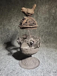Rusted Metal Bird On Nest 3d Rose's And Buterfly Glass Insert Candle Holder - Picture 1 of 12