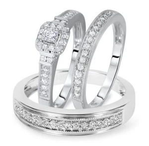 2.00Ct Lab-Created Diamond His Her Wedding Set Trio Ring 14K White Gold Plated - Picture 1 of 7
