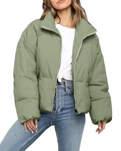 Women's Cropped Puffer Jacket, Winter, Oversized, Zip, Quilted, Peagreen, S - Picture 1 of 6