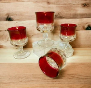 Set of 4 Vintage Cranberry Ruby Flashed King's Crown Wine Glasses 4 oz - Picture 1 of 6