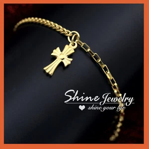 9K PLAIN YELLOW GOLD GF CROSS CHARM DANGLE WOMENS GIRLS CHAIN BANGLE BRACELET - Picture 1 of 7