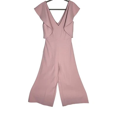 Badgley Mischka 女式 V 领连身裤荷叶边裁剪阔腿 8 码 — 第 1/4 张图片