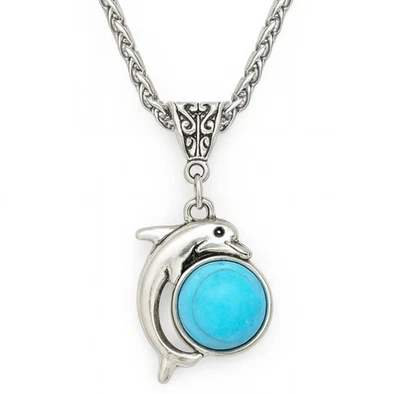 Collar Delfín Tono Plata Colgante Turquesa Howlita Cuentas Ajustable 17-19" Foto 1 de 4