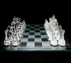 Glass Chess Set Frosted & Clear 14x14" Board -no Box - Picture 1 of 7
