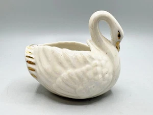 VINTAGE CERAMIC SWAN PLANTER BOWL IRIDESCENT WHITE WITH GOLD ACCENTS FIGURINE - Foto 1 di 8