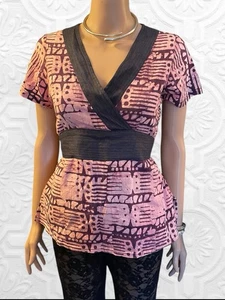 Vintage 90s Kimono Top Linen Geisha Geo Print Obi Sash Belt  Ethnic Boho Pink M - Bild 1 von 6