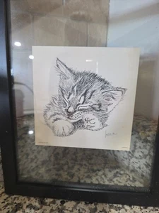 Vintage 1960's Print Lithograph Sleeping Kitten Cat Signed Leslie 5x5 - Picture 1 of 4
