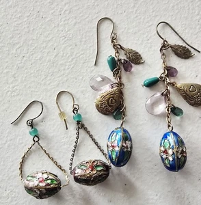 2~ Vintage Cloisonné Dangle Bead Earrings~ Lockets Accents - Picture 1 of 5