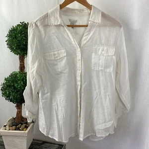 Chico’s White Long Convertible Sleeve Button Up Blouse Top 2 L - Picture 1 of 3